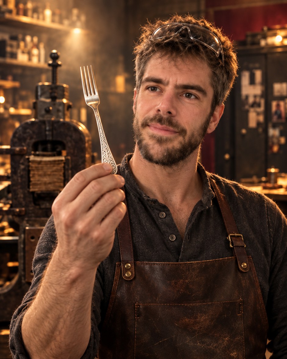 L'artisan contrôle une fourchette gravée