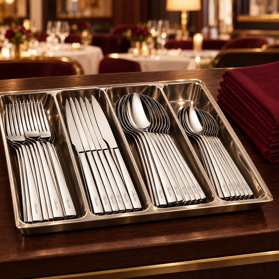 Bac de service de restaurant rempli de couverts gravés